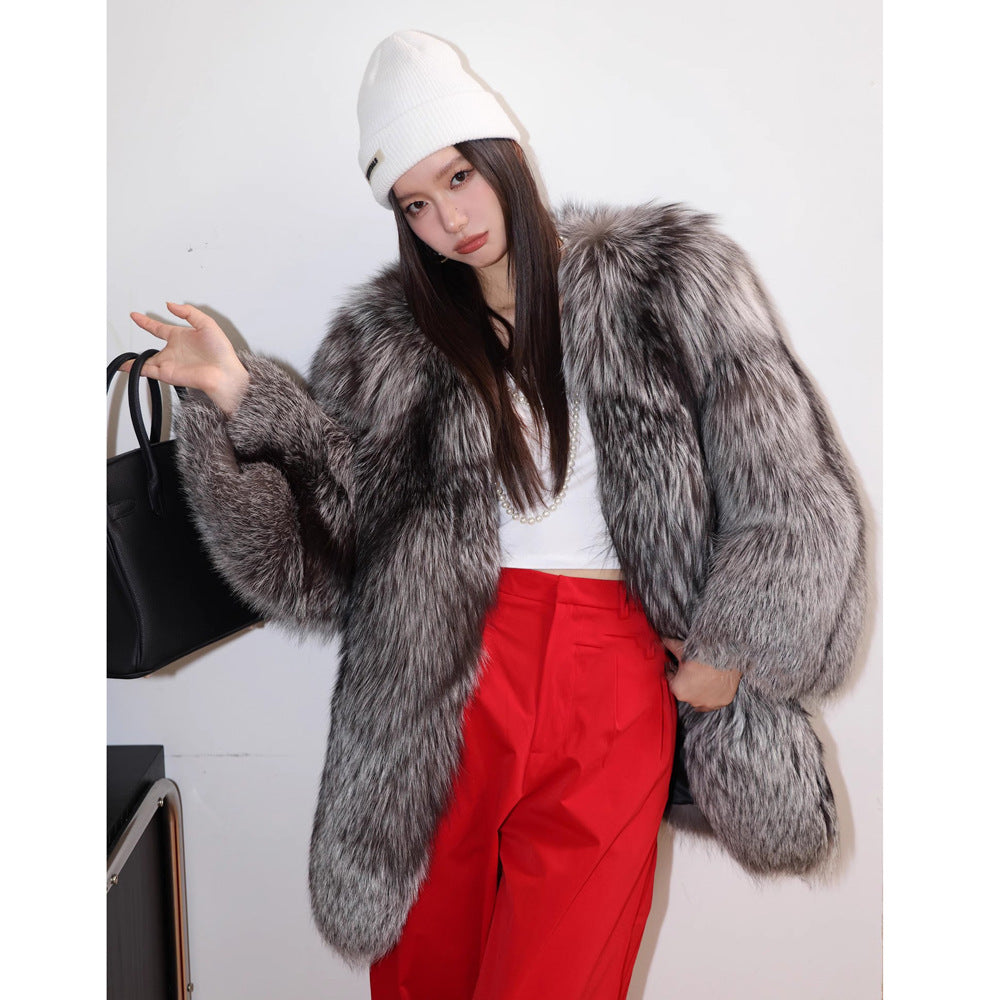 Silver Fox Fur Mid-Length Trench Coat