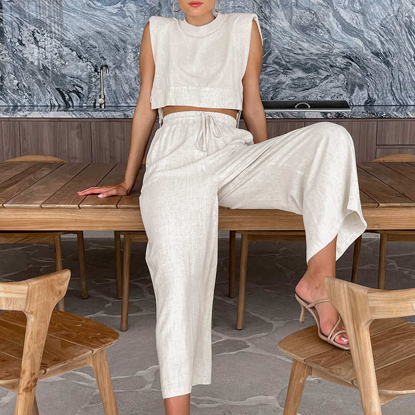 Padded Shoulder Sleeveless Two Piece Set