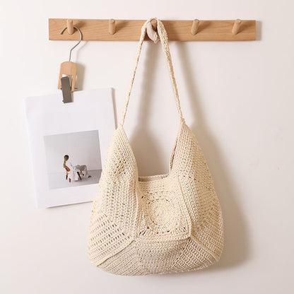 Classic Cotton Crochet Shoulder Bag One Size Beige