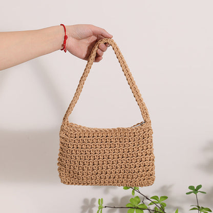 Small Shoulder Bag Clutch Versatile Handbag One Size Cotton Thread One-Shoulder Coffee