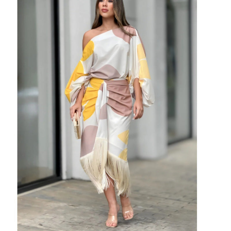 Printed Lantern Sleeve Loose Top Tassel Hem Skirt Women Two Piece Yellow and White Printing