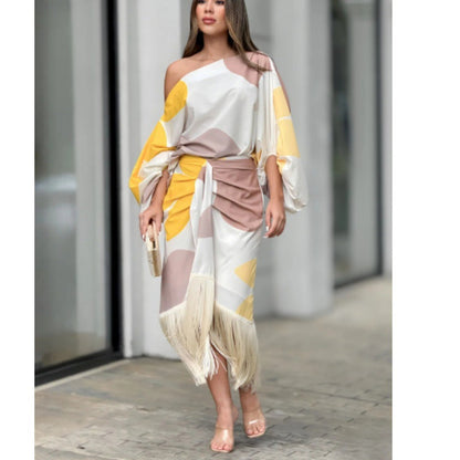 Printed Lantern Sleeve Loose Top Tassel Hem Skirt Women Two Piece Yellow and White Printing