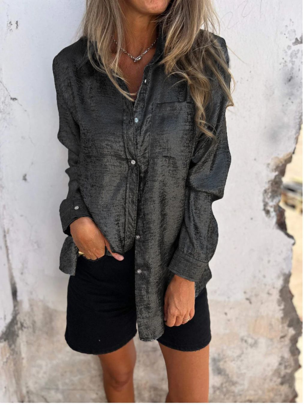 Casual Suede Polo Collar Shirt Black