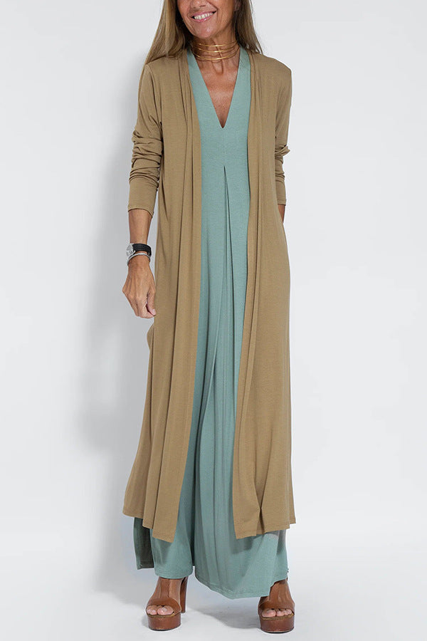 Solid Color Pullover V Neck Dress Cardigan Coat Set Women Khaki Coat