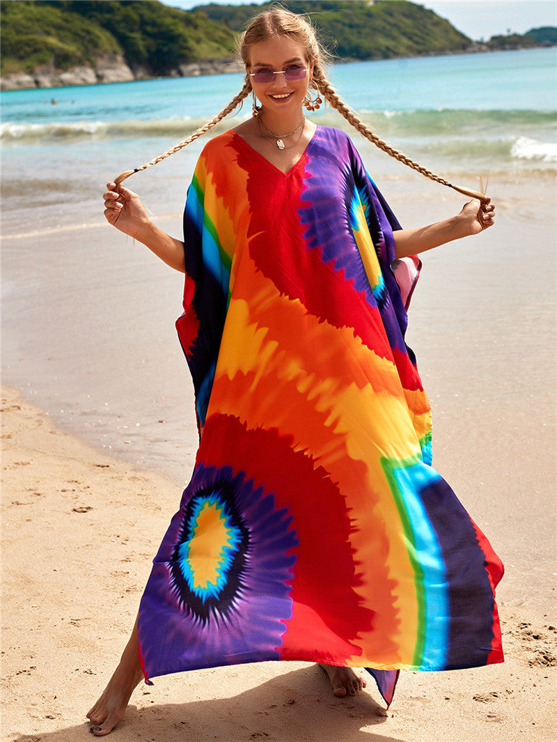 New Positioning Printing Beach Cover-up Sexy Cardigan Dress Beach Cover Up One Size Rainbow Color