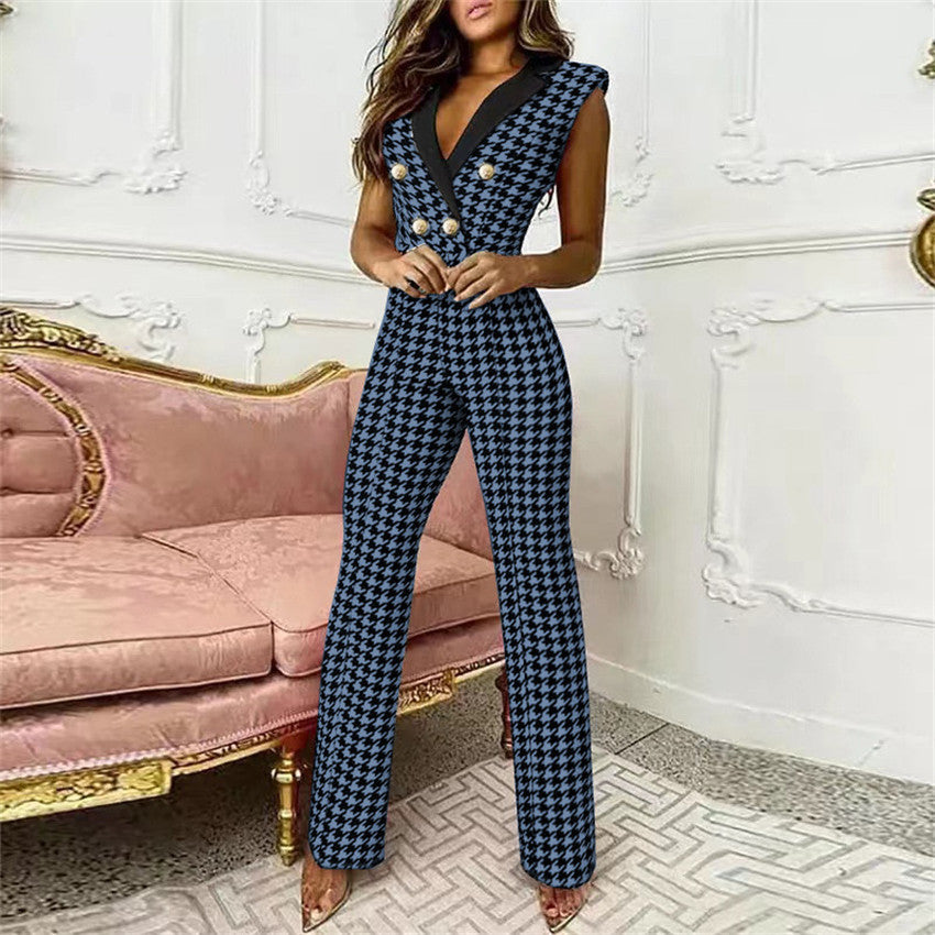 V-neck Sleeveless Houndstooth Jumpsuit Houndstooth-Blue