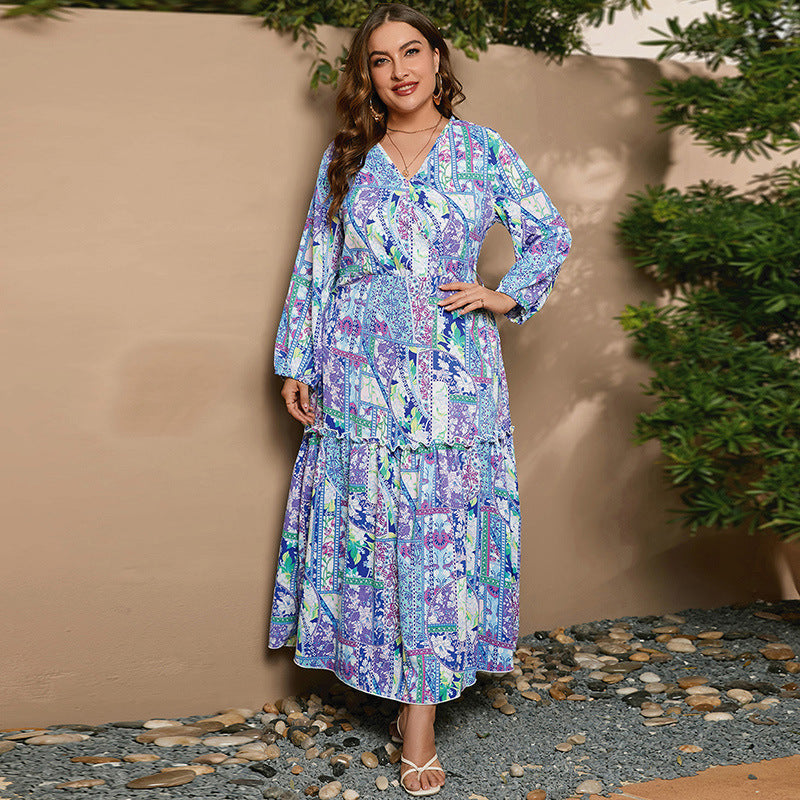 Plus Size Dress Printed V neck Long Sleeve Floral Dress Blue