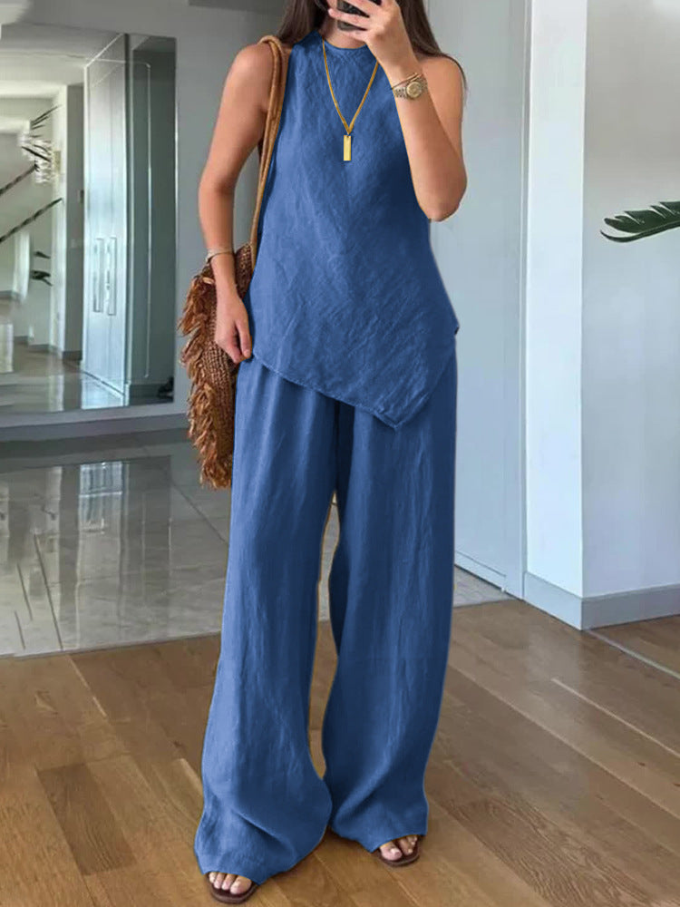 Irregular sleeveless casual two-piece set Blue