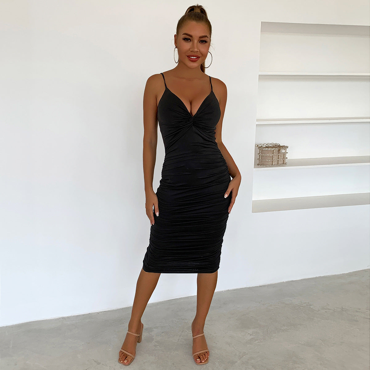 Corset Ruffle Slim Knee Length Dress Black
