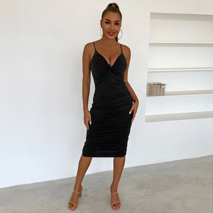 Corset Ruffle Slim Knee Length Dress Black