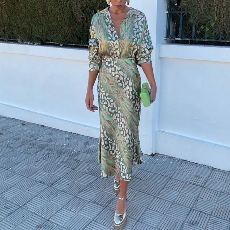 Summer Arrival Women Printed Elegant Collared Long Sleeve Shirt High Waisted Skirt Set Green
