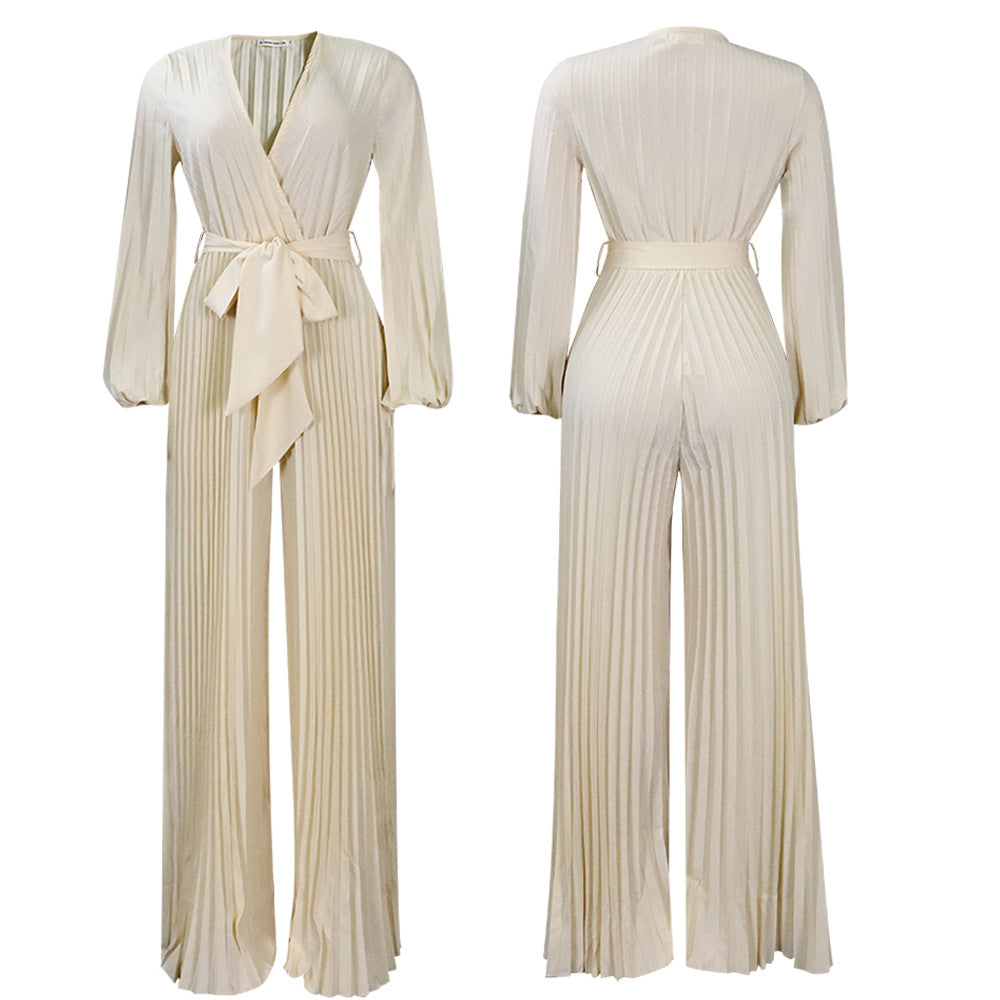 Summer V neck Pleated Wide Leg Jumpsuit Apricot