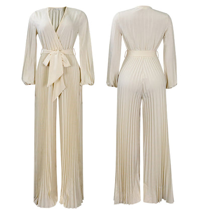 Summer V neck Pleated Wide Leg Jumpsuit Apricot