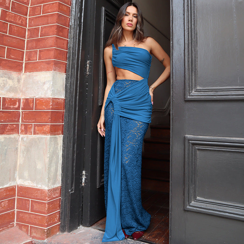 Sexy Mid Waist Hollow Out Cutout Lace Strap Dress Blue