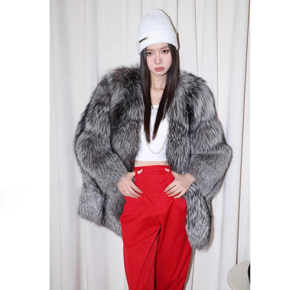 Silver Fox Fur Mid-Length Trench Coat Gray