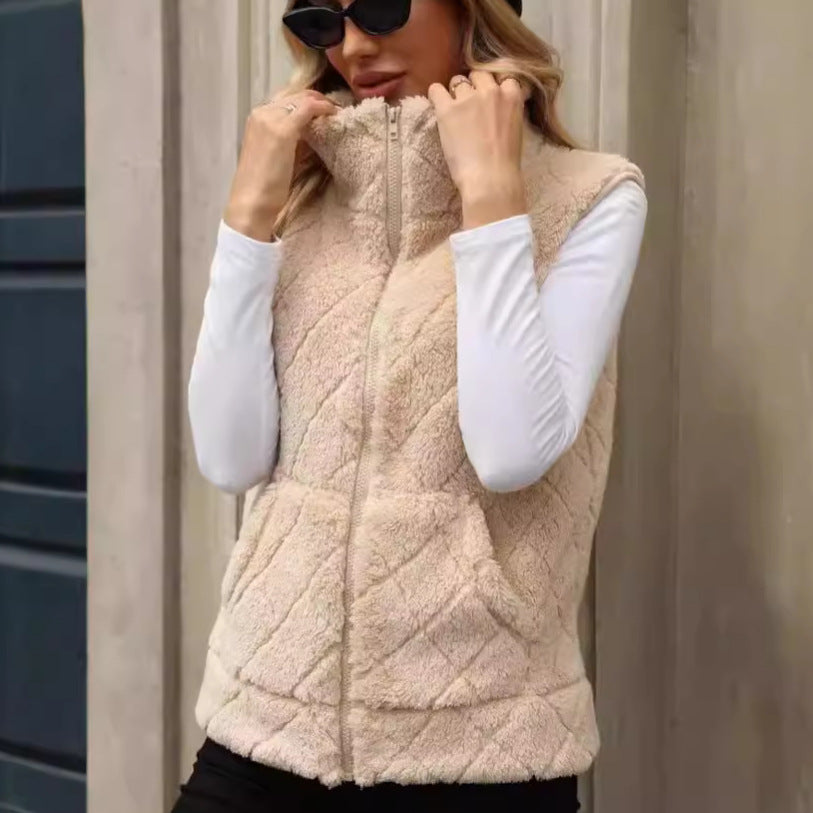 Diamond Lattice Plush Cardigan Vest