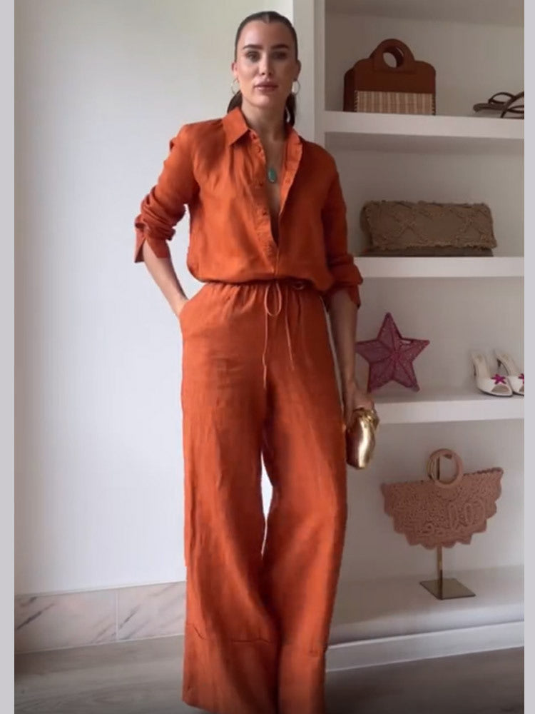 Solid Color Casual Lace Up Two Piece Sets Women Orange