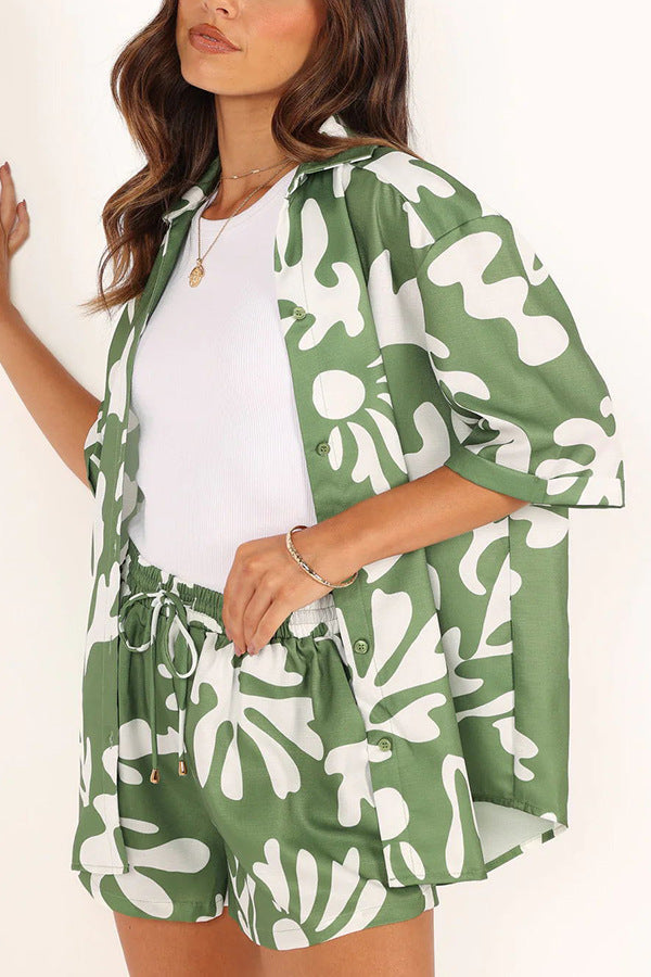 Polo Collar Printed Short Top Shorts Set