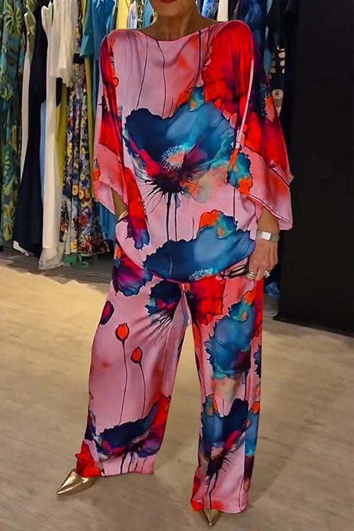 Unique Elegant Satin Loose Fit Printed Batwing Sleeve Set Pink