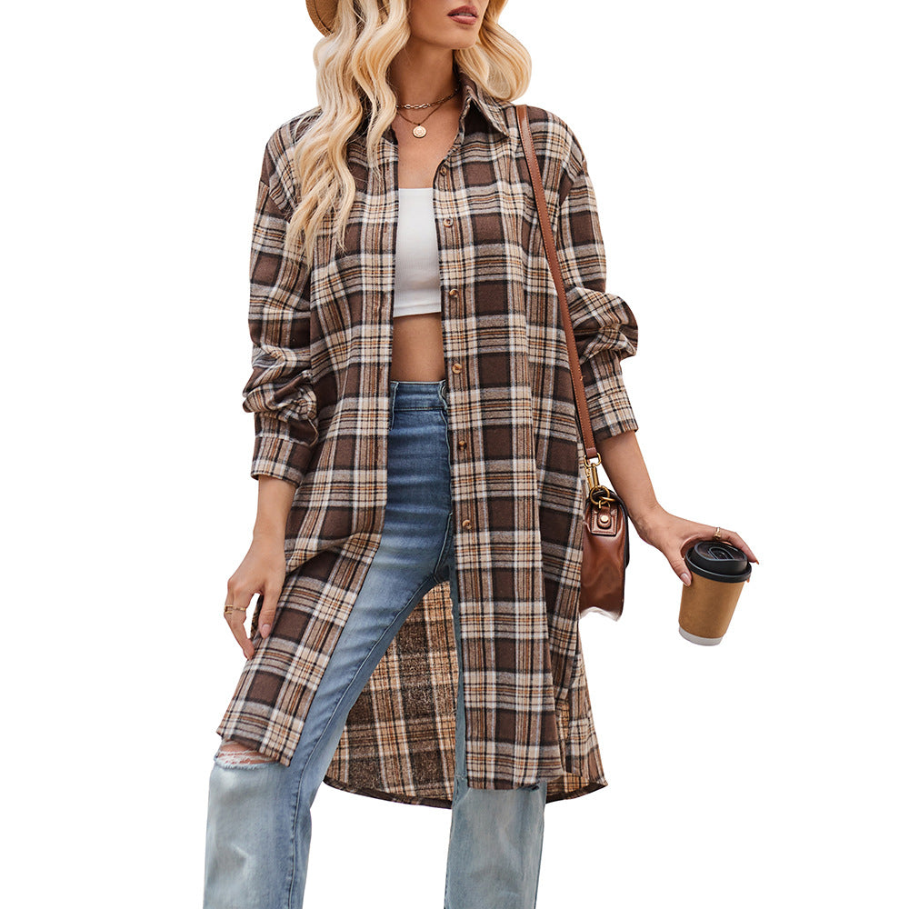 Plaid Loose Coat Shirt Coffee