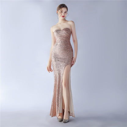 Sequined Strapless Evening Dress Gold