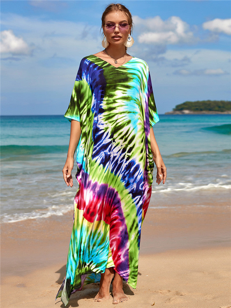 New Positioning Printing Beach Cover-up Sexy Cardigan Dress Beach Cover Up One Size Green Color