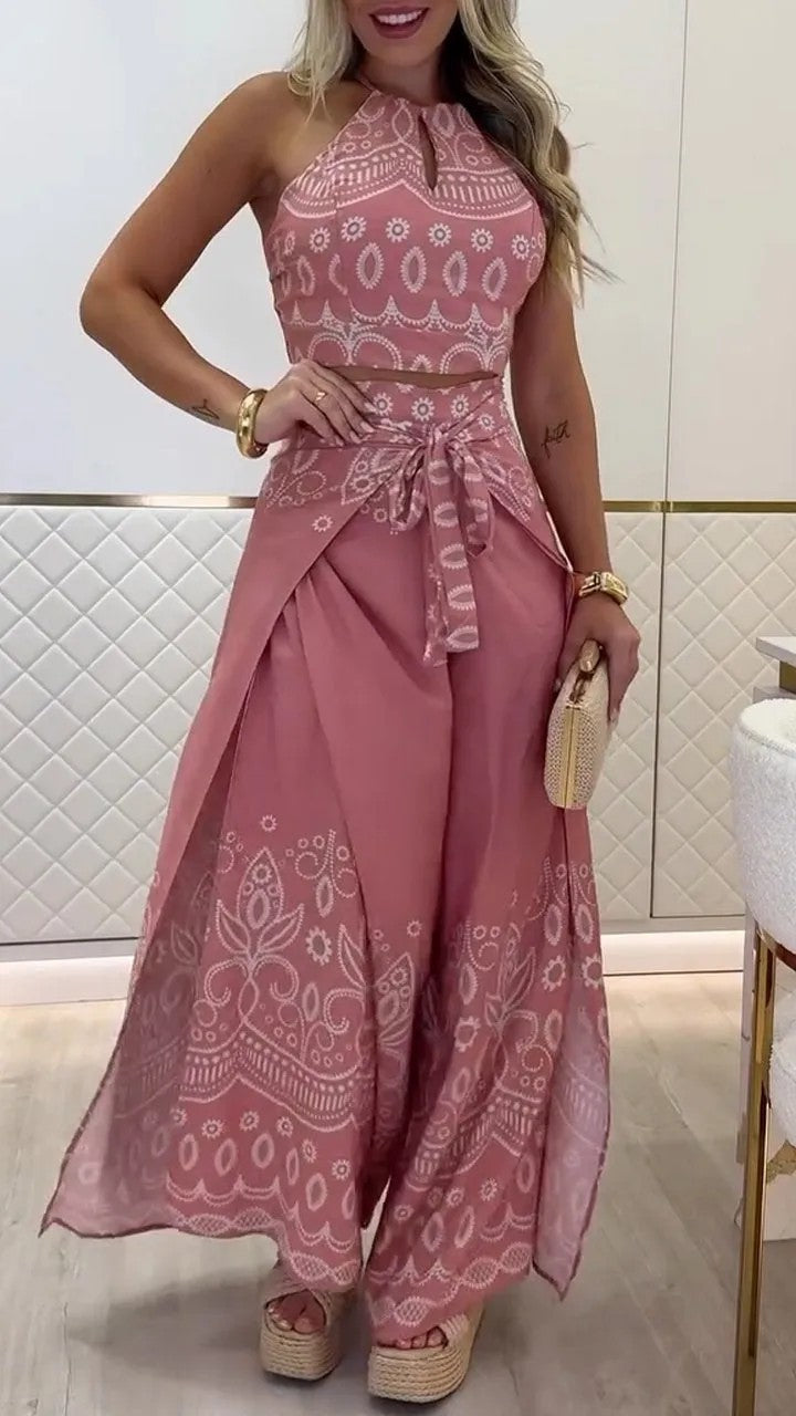 Boho Halter Top & Wide Leg Pants Two Piece Sets Pink