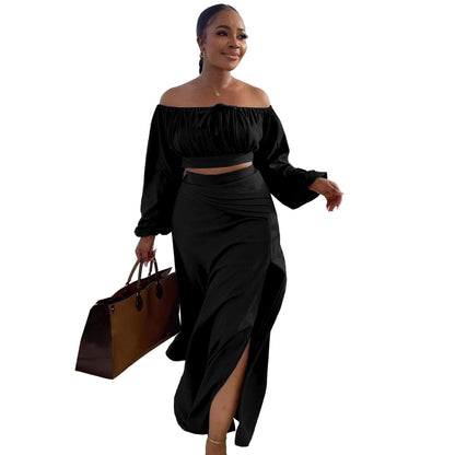 Sexy Lantern Sleeve Suit Two Piece Set Black