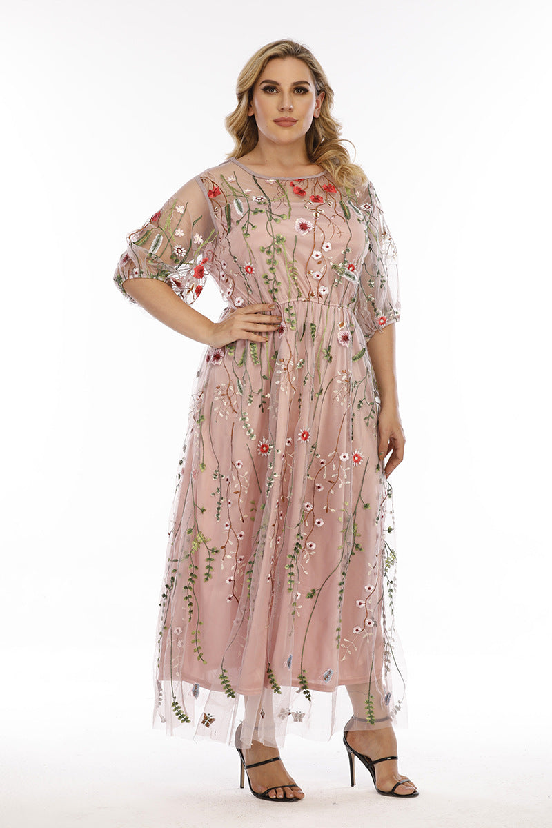 Mesh Embroidered Formal Party Maxi Dress Pink