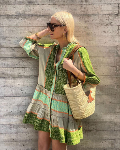 Cotton Linen Casual Mini Dress blackish green