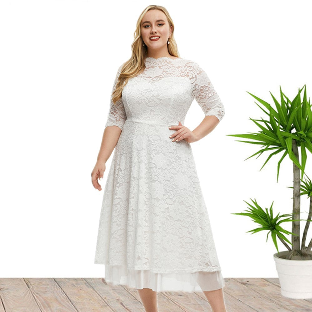 Elegant Semi Formal Midi Lace Dress White