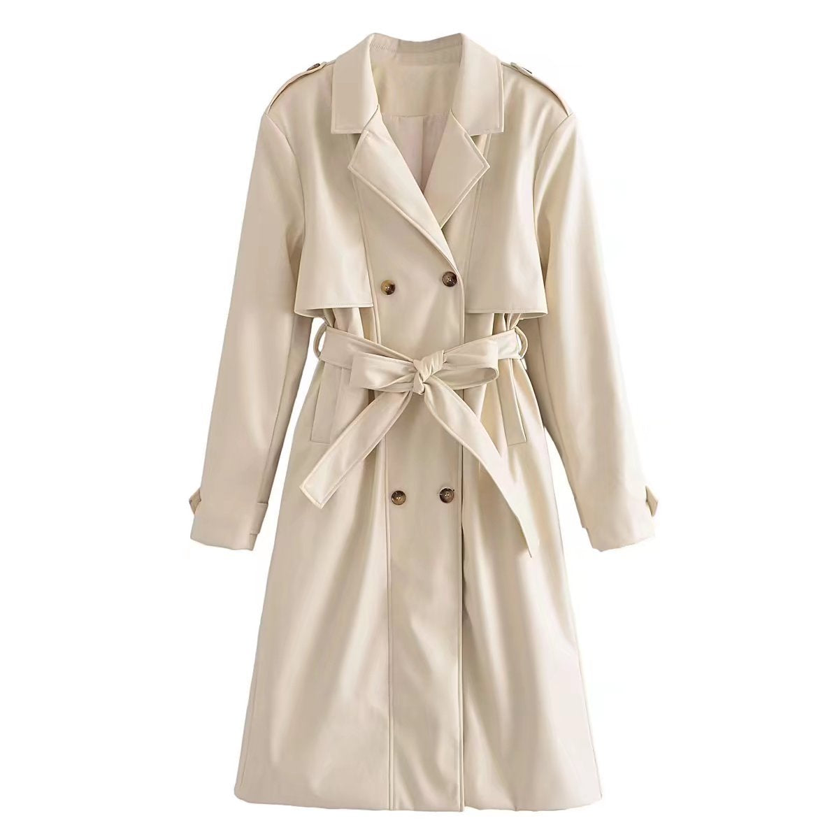 Faux Leather Belt Windbreaker Trench Coat Ivory