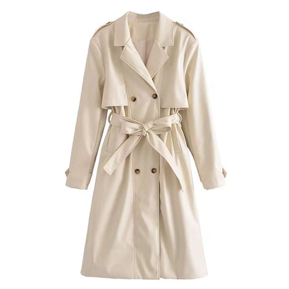 Faux Leather Belt Windbreaker Trench Coat Ivory