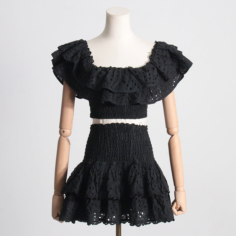 Summer French Wooden Ear Short Top High Waist Cake Layer Skirt Sexy Two Piece Suit Suit Black