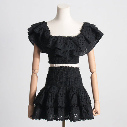 Summer French Wooden Ear Short Top High Waist Cake Layer Skirt Sexy Two Piece Suit Suit Black