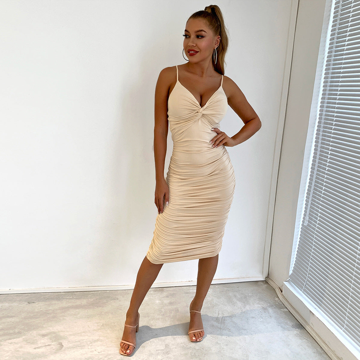 Corset Ruffle Slim Knee Length Dress Khaki