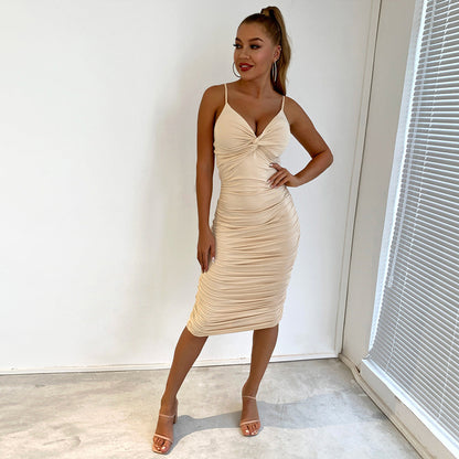 Corset Ruffle Slim Knee Length Dress Khaki
