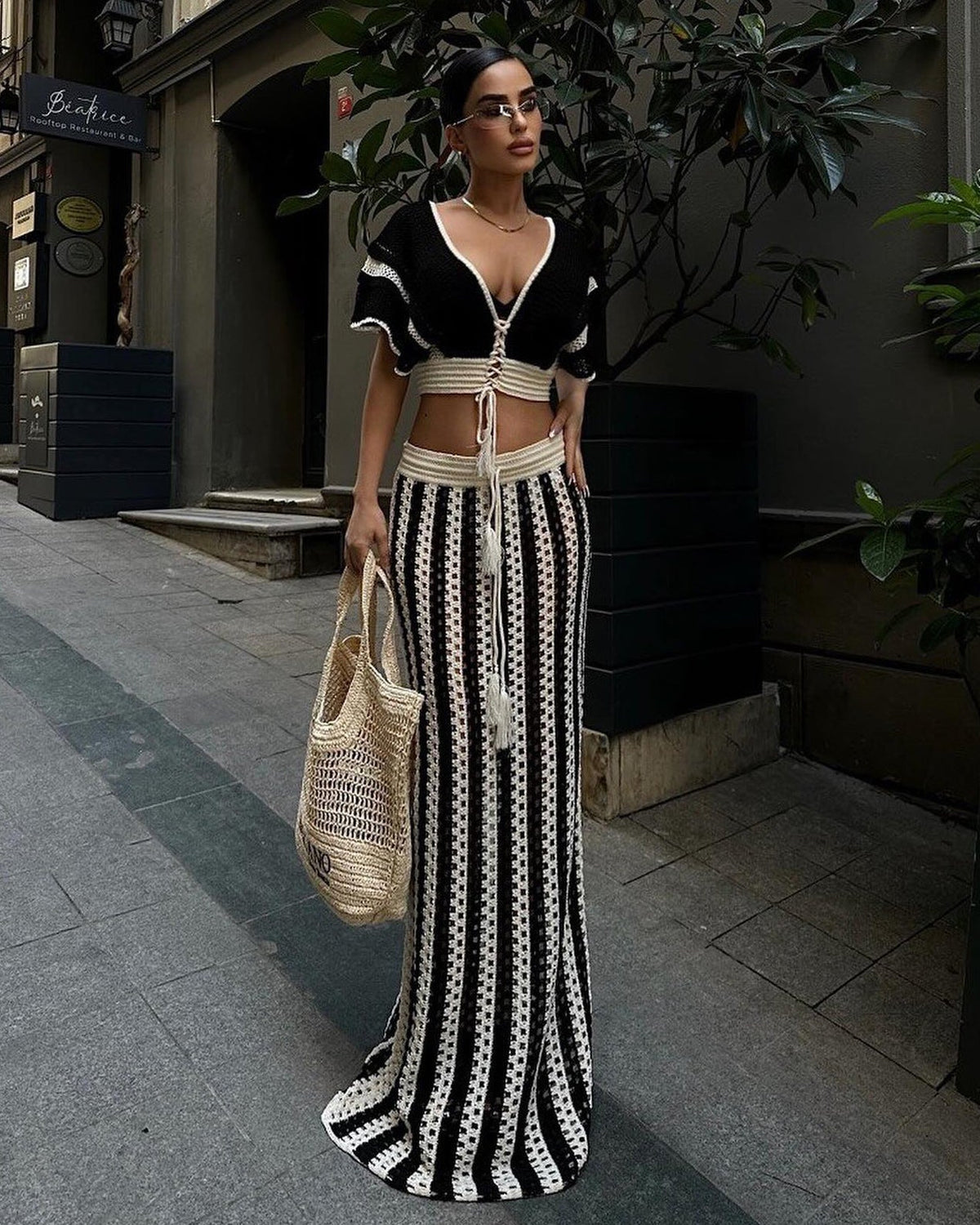 Cutout Striped Knitted Women Skirt Set Black