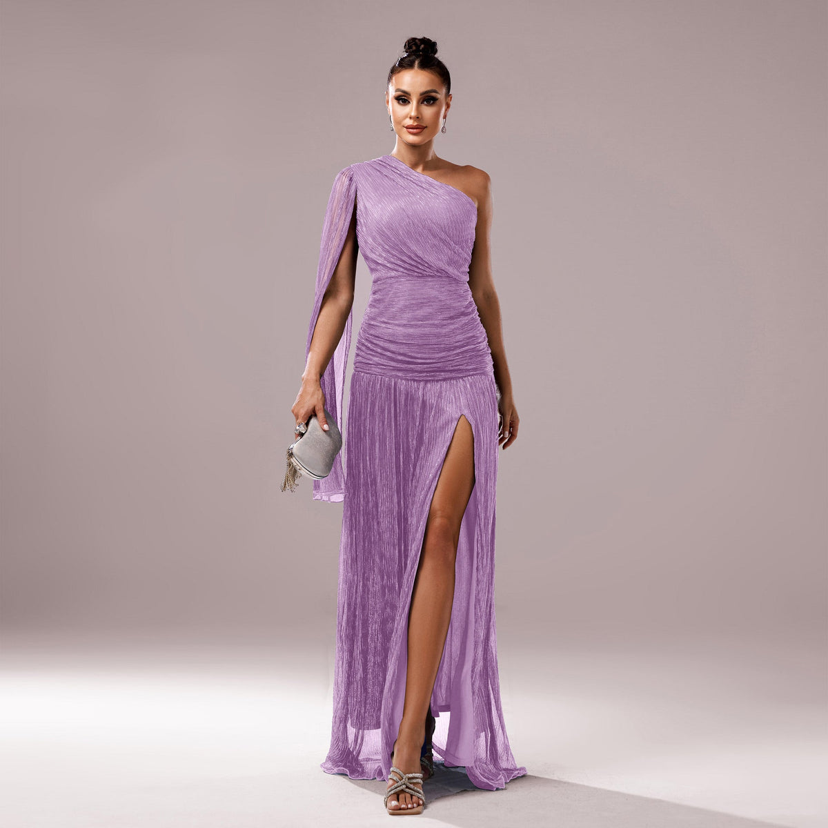 One Shoulder Long Sleeve Slim Fit Slit Cocktail Evening Dress Purple