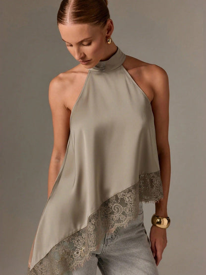 Clidress Button Neck Lace Patchwork Irregular Top 11 Colors-5 Size Gray