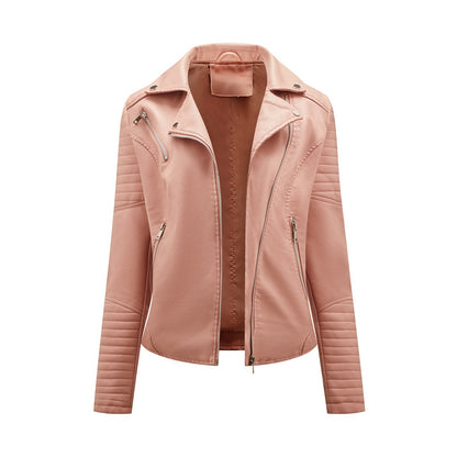 Faux Leather Collared Motorcycle Jacket Pink