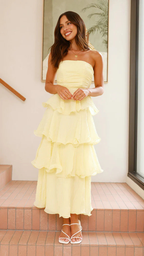 Elegant Layered Formal Dress Yellow
