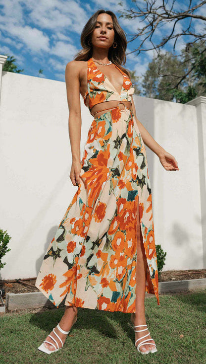 V neck Halter Backless High Split Maxi Dress Orange