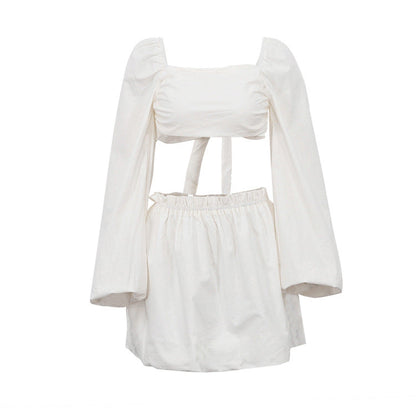 Spring Summer Suit Women Clothing Lace up Tube Top Backless Top Pleated High Waist Short Skirt Two Piece Set Ivory