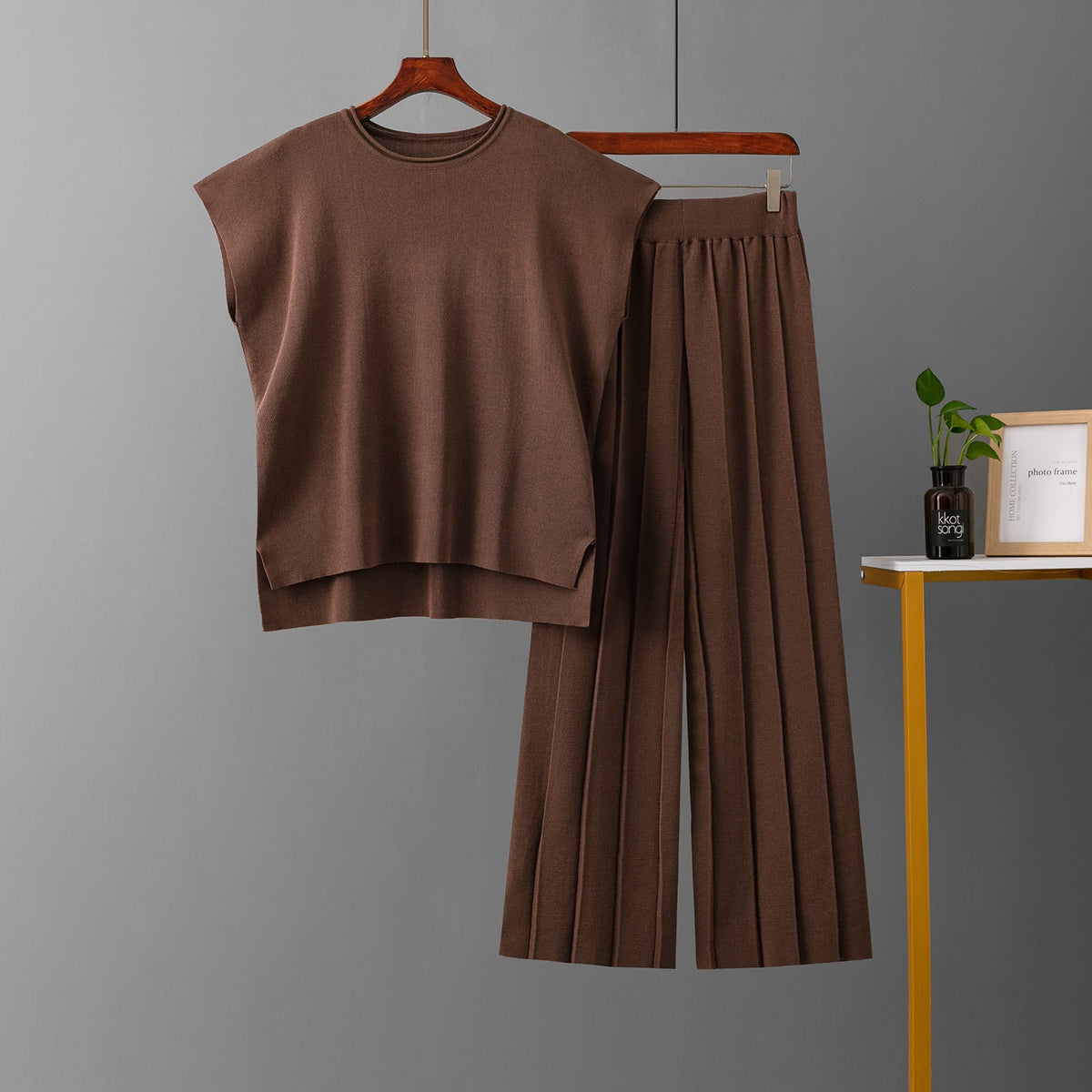 Solid Color Sleeveless Sweater Vest & Wide Leg Pants Sets One Size Coffee