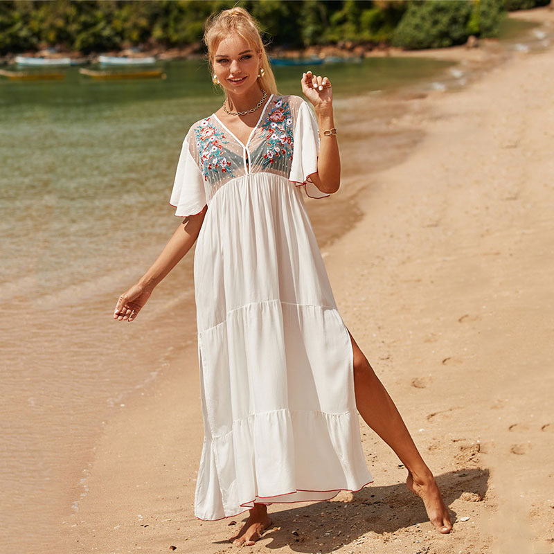 Rayon Mesh Applique Beach Cover-up Sexy Vacation Seaside Sun Protection Clothing Blouse