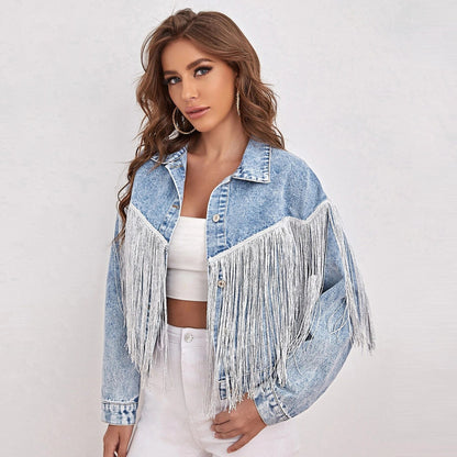 Tassel Collared Light Blue Denim Jacket
