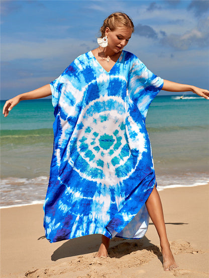 New Positioning Printing Beach Cover-up Sexy Cardigan Dress Beach Cover Up One Size Circle Tie-Dye
