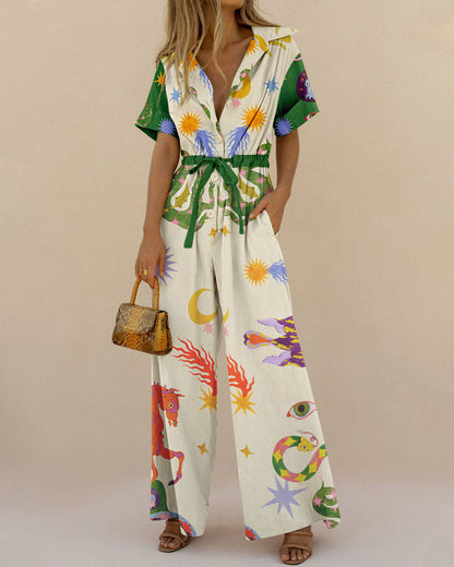 Printed Cotton Jumpsuit White
