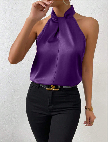 Satin Halter Sleeveless Vest Top Purple